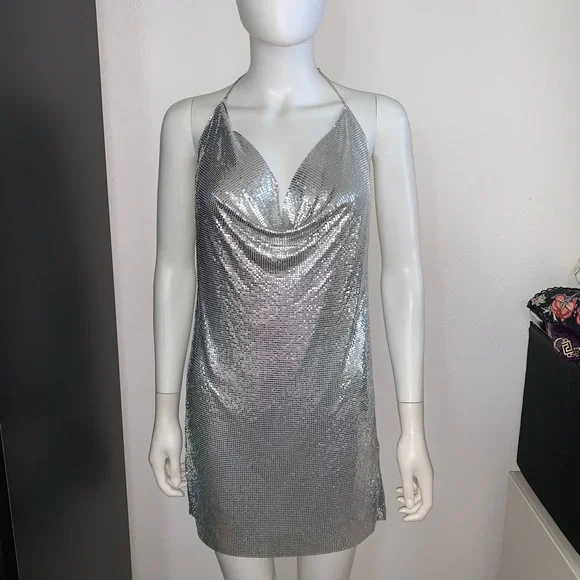 NWD EXPRESS silver chainmail metal mesh halter Y2K disco party dress S #21 - Picture 5 of 12